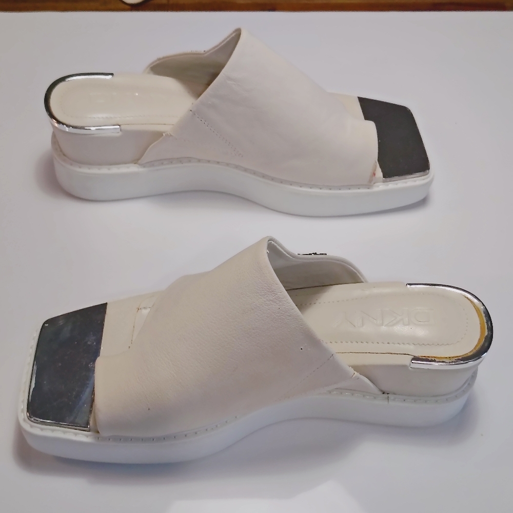 DKNY White Leather Slide Sandals with Silver Accent Size 9.5
